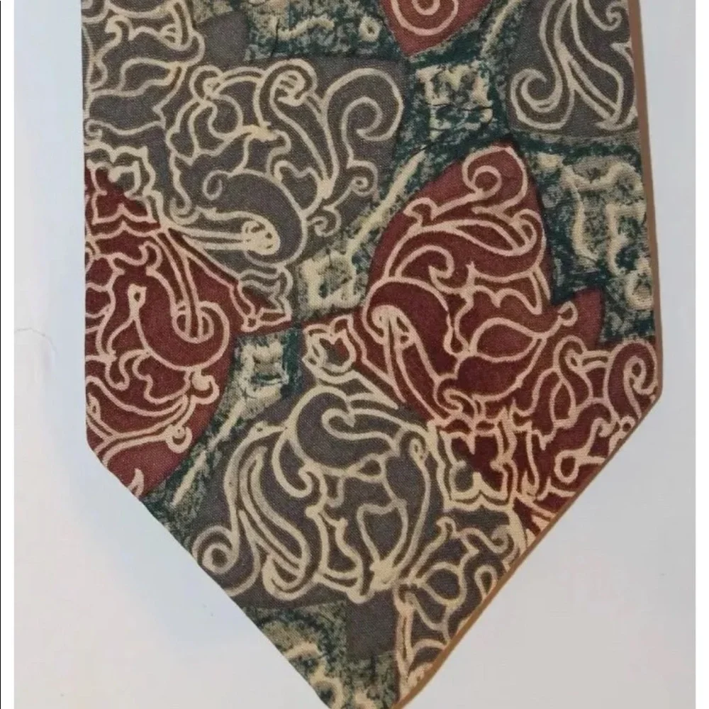 2/$20 Venanzi Men Neck Tie 100% Silk Abstract Cognac Wavy Design Gray Green - Picture 1 of 6